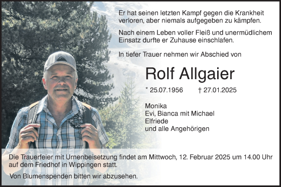 Traueranzeige von Rolf Allgaier von SÜDWEST PRESSE Ausgabe Ulm/Neu-Ulm