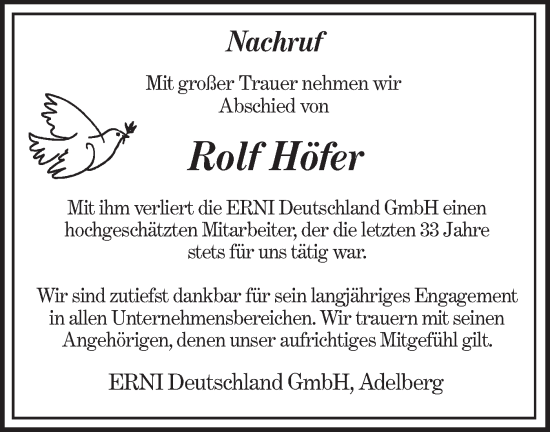 Traueranzeige von Rolf Höfer von NWZ Neue Württembergische Zeitung