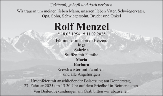 Traueranzeige von Rolf Menzel von SÜDWEST PRESSE Ausgabe Ulm/Neu-Ulm