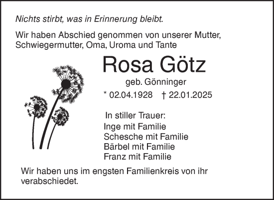 Traueranzeige von Rosa Götz von SÜDWEST PRESSE Ausgabe Ulm/Neu-Ulm