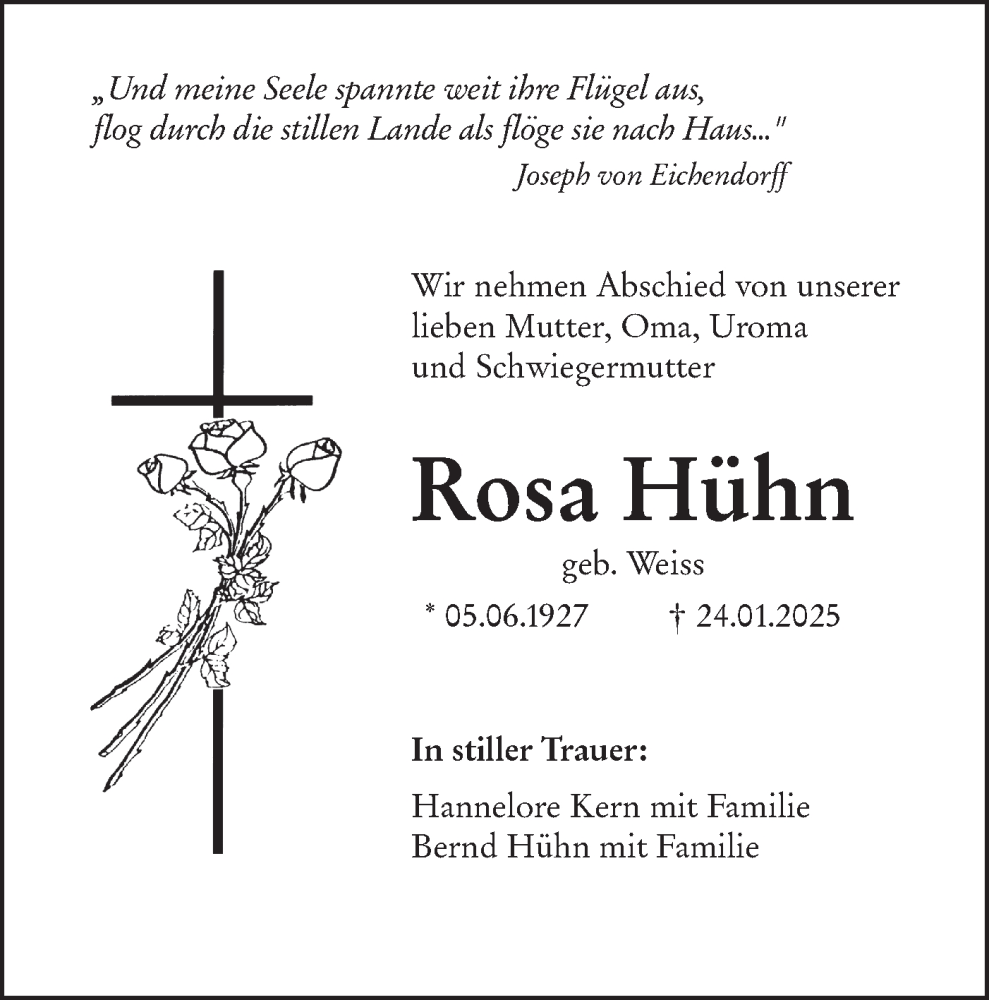  Traueranzeige für Rosa Hühn vom 01.02.2025 aus SÜDWEST PRESSE Ausgabe Ulm/Neu-Ulm