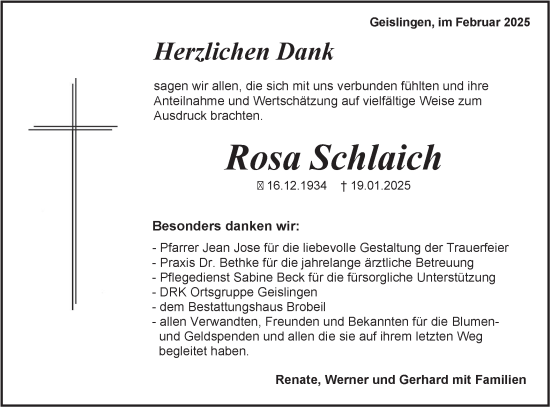 Traueranzeige von Rosa Schlaich von SÜDWEST PRESSE Zollernalbkreis/Hohenzollerische Zeitung