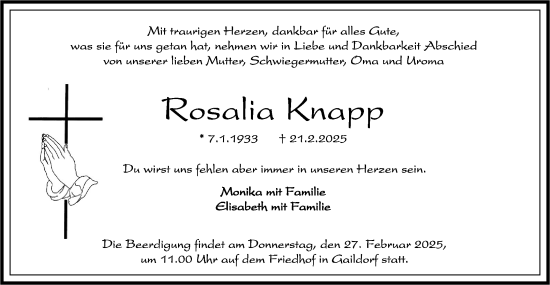 Traueranzeige von Rosalia Knapp von Rundschau Gaildorf