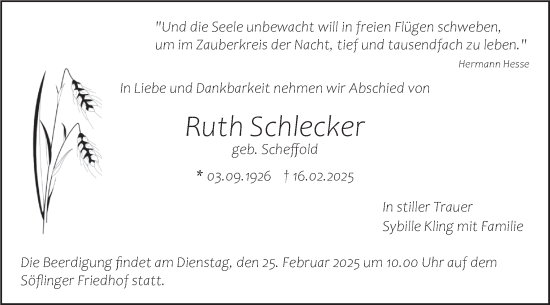 Traueranzeige von Ruth Schlecker von SÜDWEST PRESSE Ausgabe Ulm/Neu-Ulm