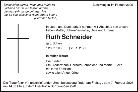 Traueranzeige von Ruth Schneider von NWZ Neue Württembergische Zeitung
