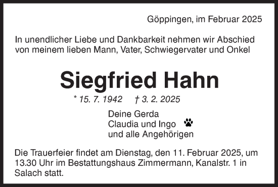 Traueranzeige von Siegfried Hahn von NWZ Neue Württembergische Zeitung