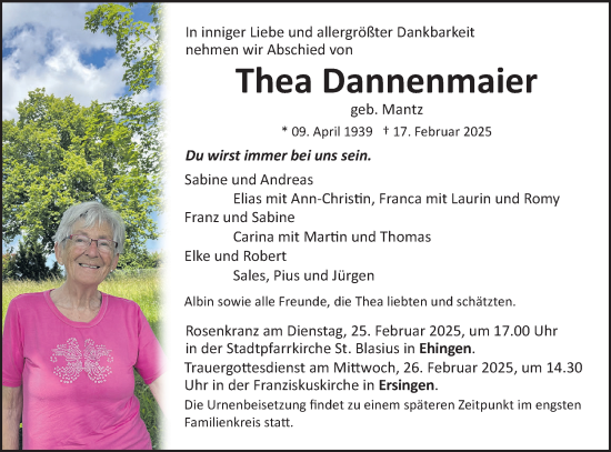 Traueranzeige von Thea Dannenmaier von Ehinger Tagblatt