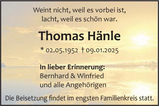 Traueranzeige von Thomas Hänle von SÜDWEST PRESSE Ausgabe Ulm/Neu-Ulm