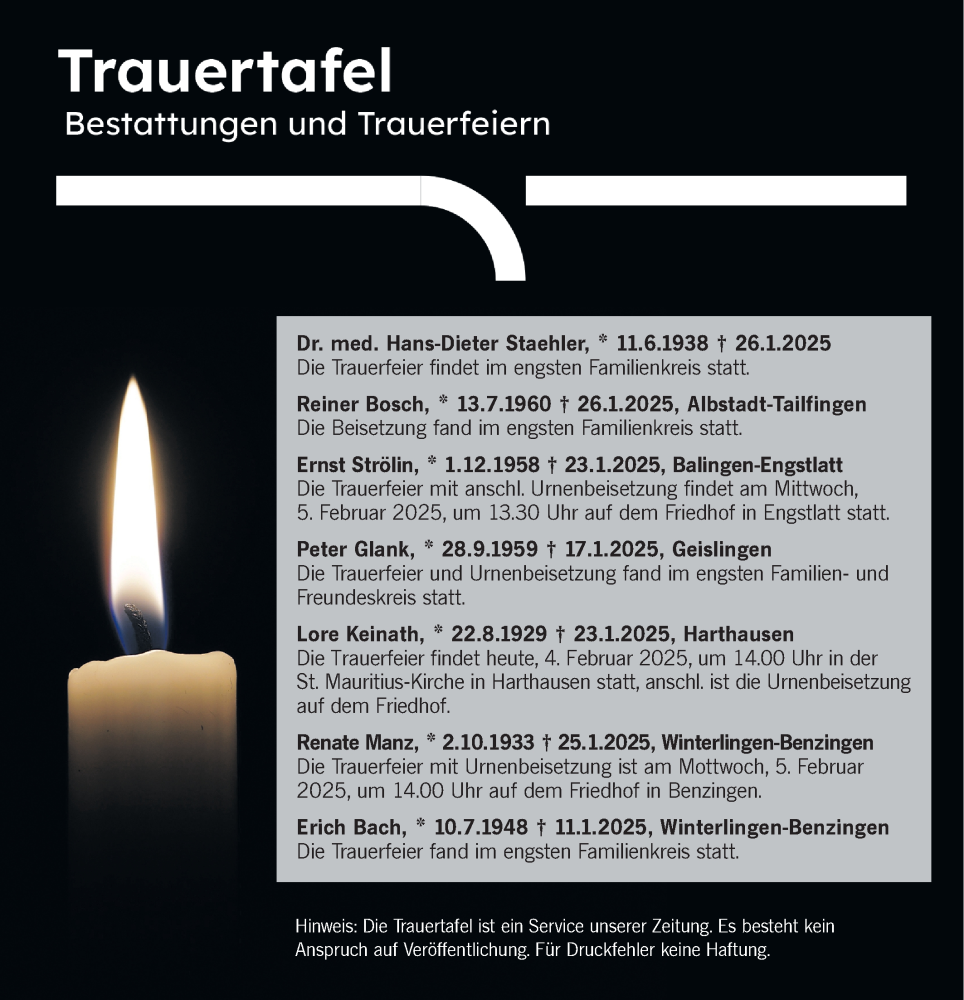  Traueranzeige für Trauertafel vom 04.02.2025 vom 04.02.2025 aus SÜDWEST PRESSE Zollernalbkreis/Hohenzollerische Zeitung