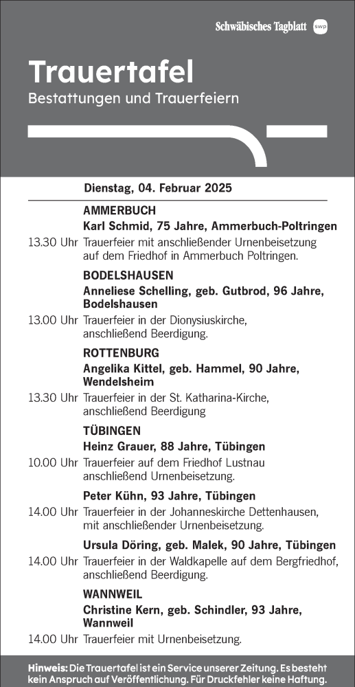 Traueranzeige von Trauertafel vom 04.02.2025 von Schwäbische Tagblatt