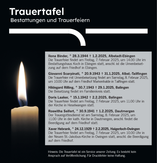 Traueranzeige von Trauertafel vom 06.02.2025 von SÜDWEST PRESSE Zollernalbkreis/Hohenzollerische Zeitung