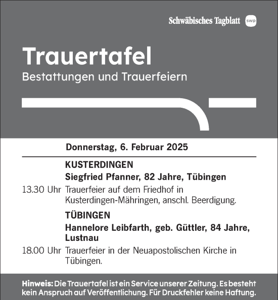 Traueranzeige von Trauertafel vom 06.02.2025 von Schwäbische Tagblatt