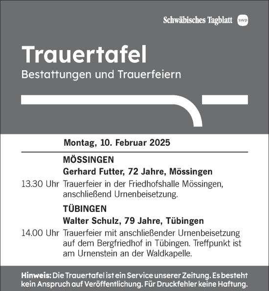 Traueranzeige von Trauertafel vom 10.02.2025 von Schwäbische Tagblatt