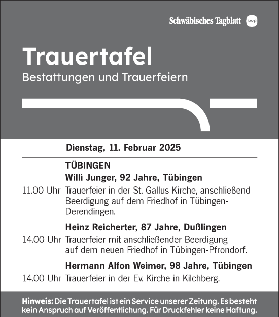 Traueranzeige von Trauertafel vom 11.02.2025 von Schwäbische Tagblatt
