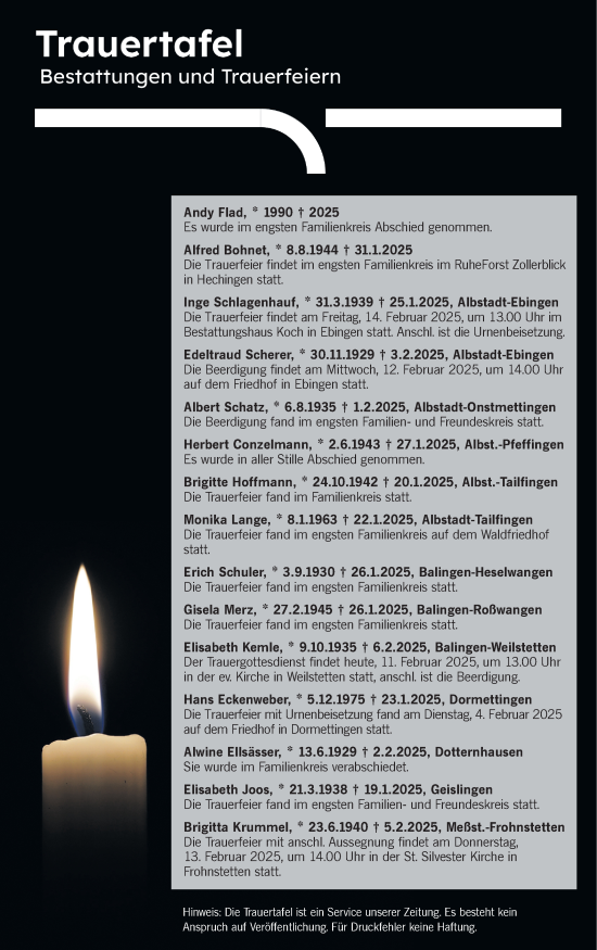 Traueranzeige von Trauertafel vom 11.02.2025 von SÜDWEST PRESSE Zollernalbkreis/Hohenzollerische Zeitung