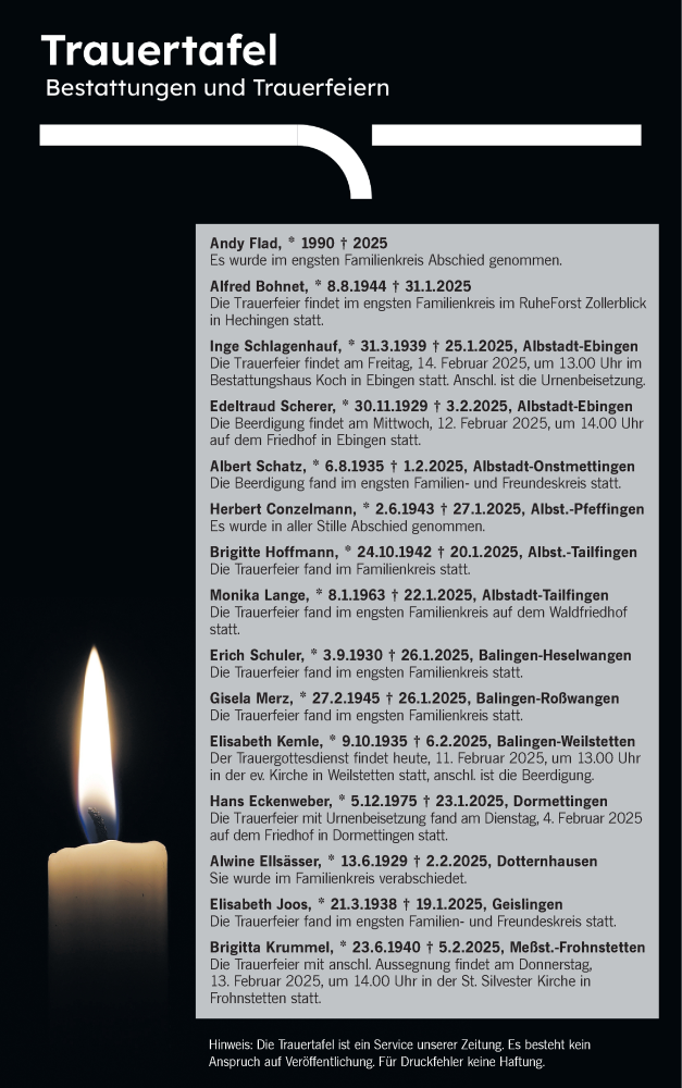  Traueranzeige für Trauertafel vom 11.02.2025 vom 11.02.2025 aus SÜDWEST PRESSE Zollernalbkreis/Hohenzollerische Zeitung