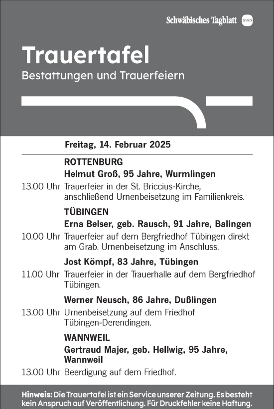 Traueranzeige von Trauertafel vom 14.02.2025 von Schwäbische Tagblatt