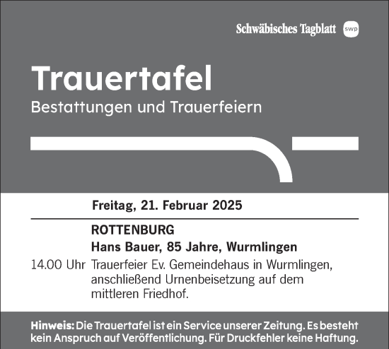 Traueranzeige von Trauertafel vom 21.02.2025 von Schwäbische Tagblatt
