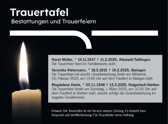 Traueranzeige von Trauertafel vom 22.02.2025 von SÜDWEST PRESSE Zollernalbkreis/Hohenzollerische Zeitung