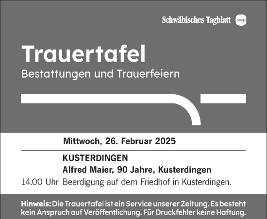 Traueranzeige von Trauertafel vom 26.02.2025 von Schwäbische Tagblatt