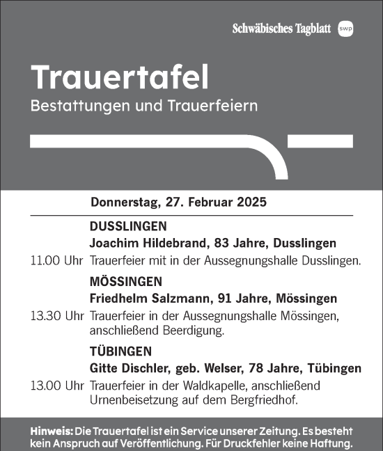 Traueranzeige von Trauertafel vom 27.02.2025 von Schwäbische Tagblatt