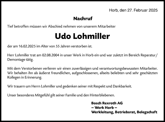 Traueranzeige von Udo Lohmiller von Neckar-Chronik