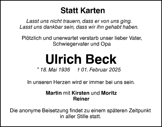 Traueranzeige von Ulrich Beck von NWZ Neue Württembergische Zeitung