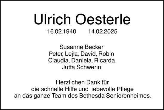 Traueranzeige von Ulrich Oesterle von SÜDWEST PRESSE Ausgabe Ulm/Neu-Ulm