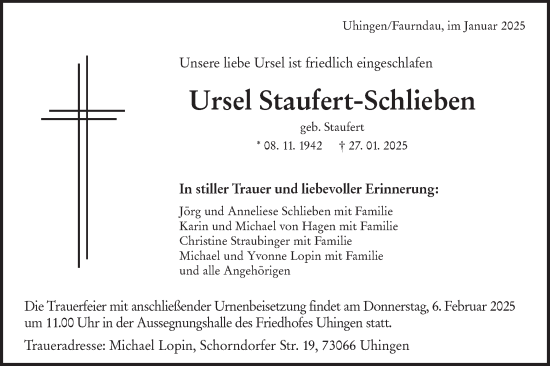 Traueranzeige von Ursel Staufert-Schlieben von NWZ Neue Württembergische Zeitung