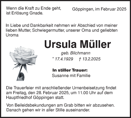 Traueranzeige von Ursula Müller von NWZ Neue Württembergische Zeitung