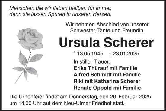 Traueranzeige von Ursula Scherer von SÜDWEST PRESSE Ausgabe Ulm/Neu-Ulm