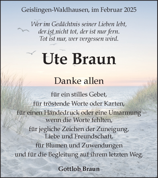 Traueranzeige von Ute Braun von Geislinger Zeitung