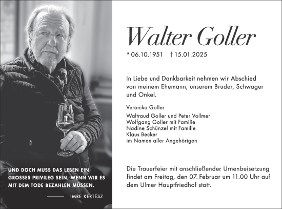 Traueranzeige von Walter Goller von SÜDWEST PRESSE Ausgabe Ulm/Neu-Ulm