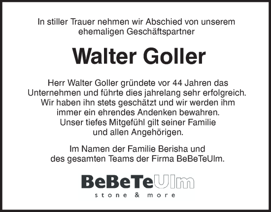 Traueranzeige von Walter Goller von SÜDWEST PRESSE Ausgabe Ulm/Neu-Ulm