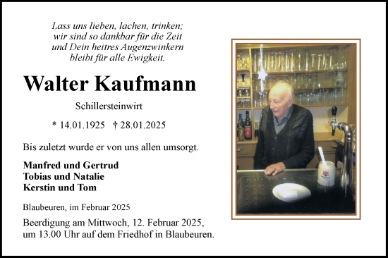 Traueranzeige von Walter Kaufmann von SÜDWEST PRESSE Ausgabe Ulm/Neu-Ulm/Das Blaumännle