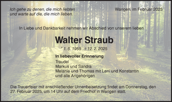 Traueranzeige von Walter Straub von NWZ Neue Württembergische Zeitung