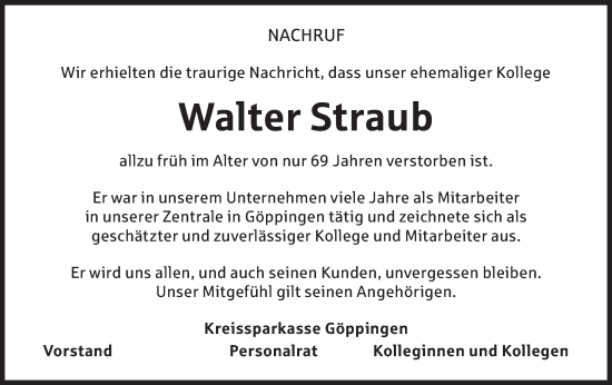 Traueranzeige von Walter Straub von NWZ Neue Württembergische Zeitung/Geislinger Zeitung
