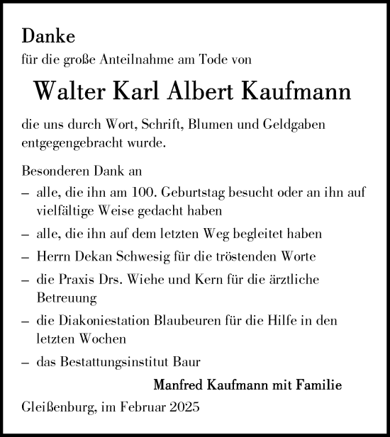 Traueranzeige von Walter Karl Albert Kaufmann von SÜDWEST PRESSE Ausgabe Ulm/Neu-Ulm