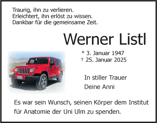 Traueranzeige von Werner Listl von SÜDWEST PRESSE Ausgabe Ulm/Neu-Ulm