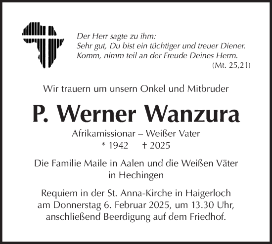 Traueranzeige von Werner Wanzura von SÜDWEST PRESSE Zollernalbkreis/Hohenzollerische Zeitung