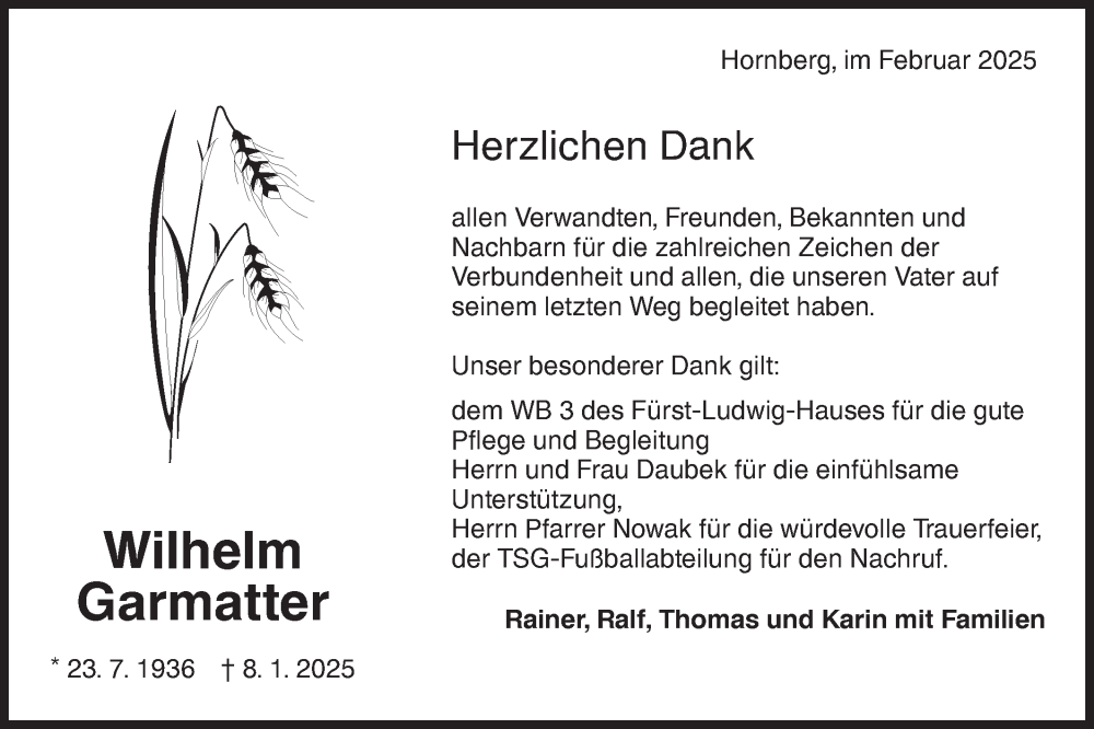  Traueranzeige für Wilhelm Garmatter vom 22.02.2025 aus Hohenloher Tagblatt