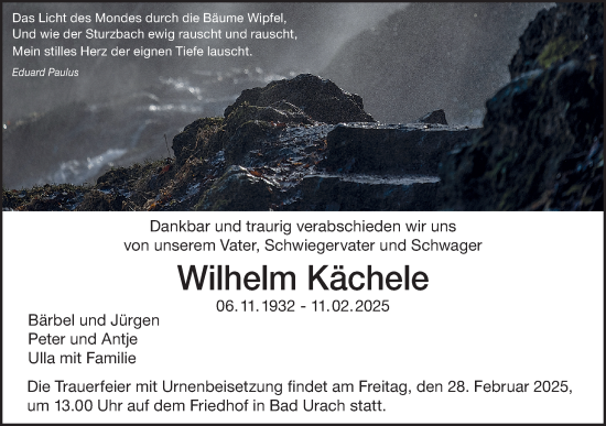 Traueranzeige von Wilhelm Kächele von Alb-Bote/Metzinger-Uracher Volksblatt