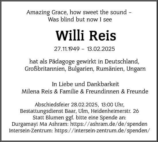 Traueranzeige von Willi Reis von SÜDWEST PRESSE Ausgabe Ulm/Neu-Ulm