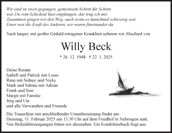 Traueranzeige von Willy Beck von Schwäbische Tagblatt
