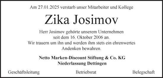 Traueranzeige von Zika Josimov von Geislinger Zeitung