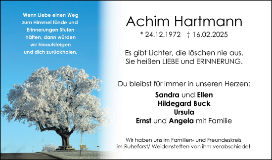 Traueranzeige von Achim Hartmann von SÜDWEST PRESSE Ausgabe Ulm/Neu-Ulm