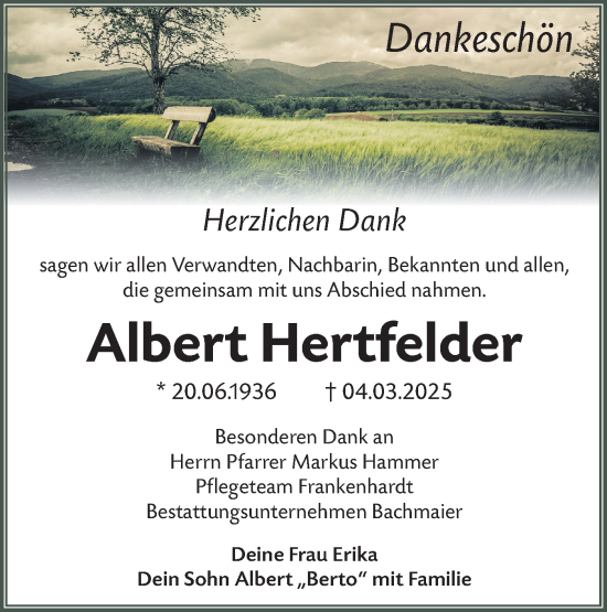 Traueranzeige von Albert Hertfelder von Hohenloher Tagblatt