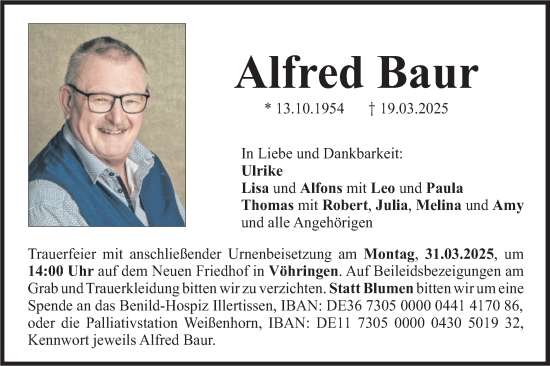 Traueranzeige von Alfred Baur von SÜDWEST PRESSE Ausgabe Ulm/Neu-Ulm