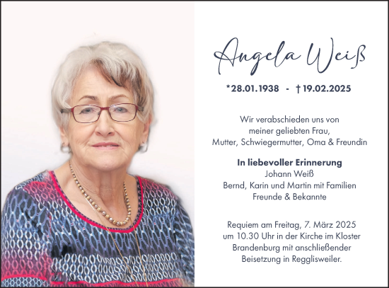Traueranzeige von Angela Weiß von SÜDWEST PRESSE Ausgabe Ulm/Neu-Ulm