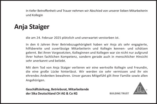 Traueranzeige von Anja Staiger von Alb-Bote/Metzinger-Uracher Volksblatt